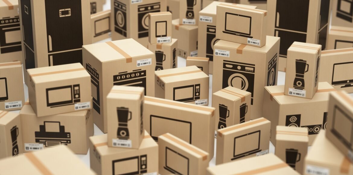 E-commerce, internet online shopping and delivery concept. House E-commerce, internet online shopping and delivery concept. House
