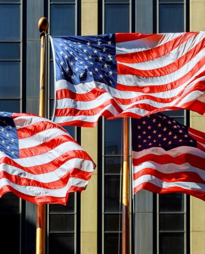 Patriotic American flag in front of skyscrapers, reflections, american flag NY USA Patriotic American flag in front of skyscrapers, reflections, american flag NY USA